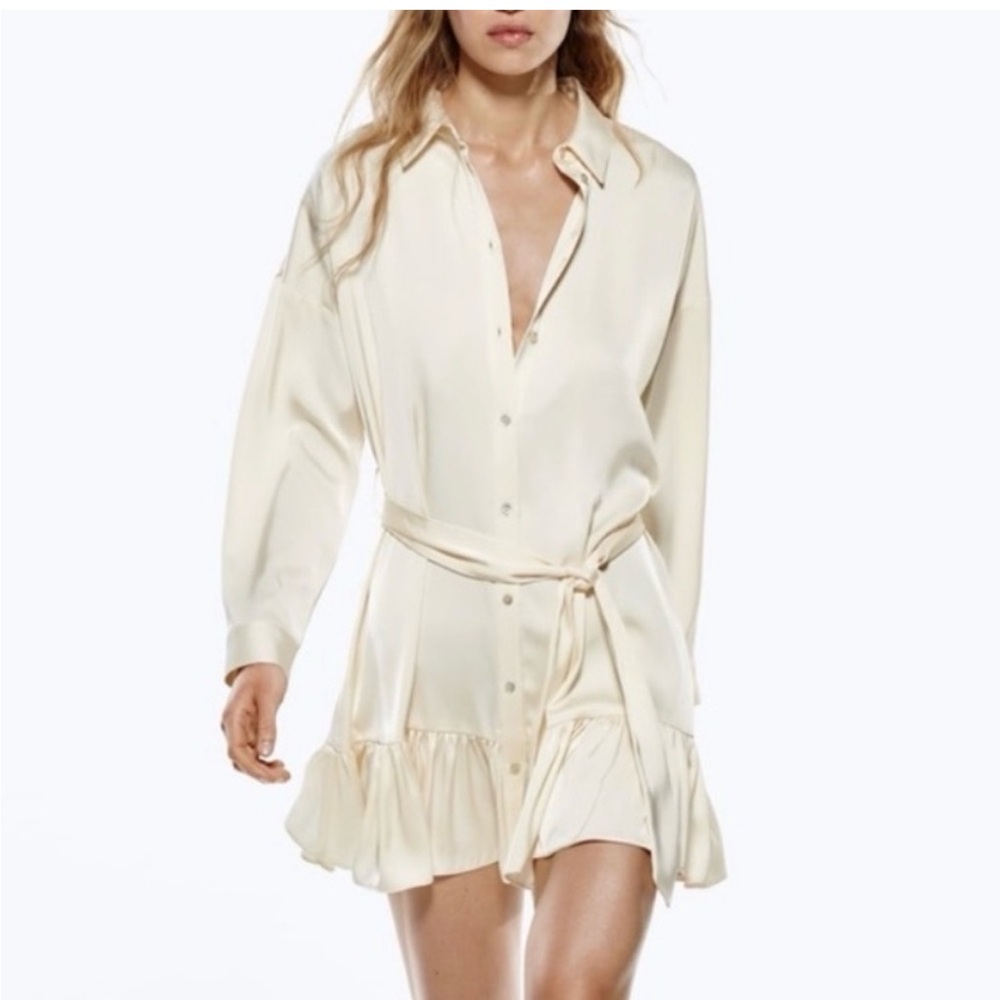 Zara ecru ruffle satin dress